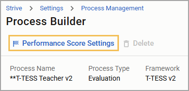Process Builder interface showing Performance Score Settings and evaluation details.
